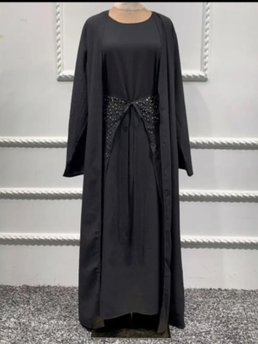 Women 3 piece modest black open abaya and front wrap skirt size M